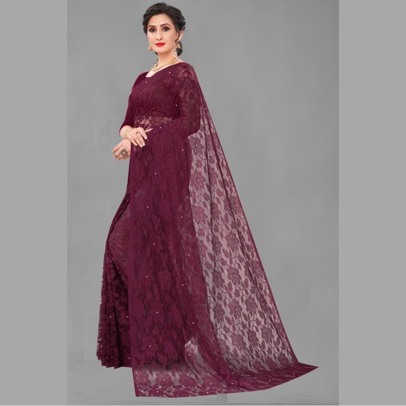 ❤️Pearl Embellished Net Jacquard Saree with Unstitched Blouse❤️ Maroon - Picture 6 of 7